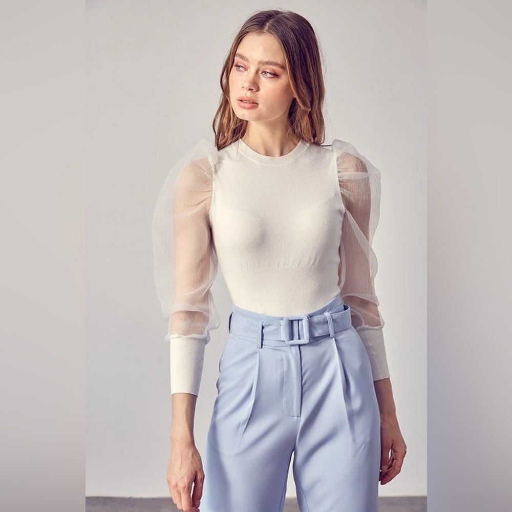 White Sheer Organza Puff Sleeve Sweater